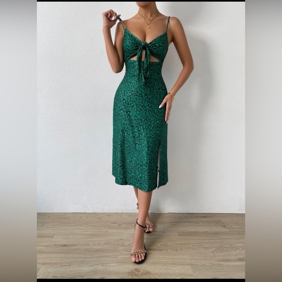 SHEIN VCAY Size L Tie Front Leopard High Split Cami Dress - Picture 4 of 8